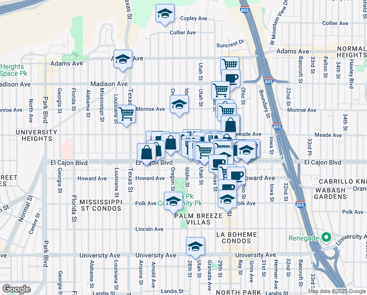 map of restaurants, bars, coffee shops, grocery stores, and more near 4383 Idaho Street in San Diego