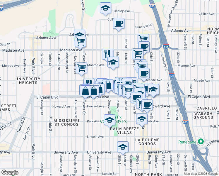 map of restaurants, bars, coffee shops, grocery stores, and more near 2705 Meade Avenue in San Diego