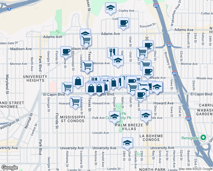 map of restaurants, bars, coffee shops, grocery stores, and more near 4384 Hamilton Street in San Diego