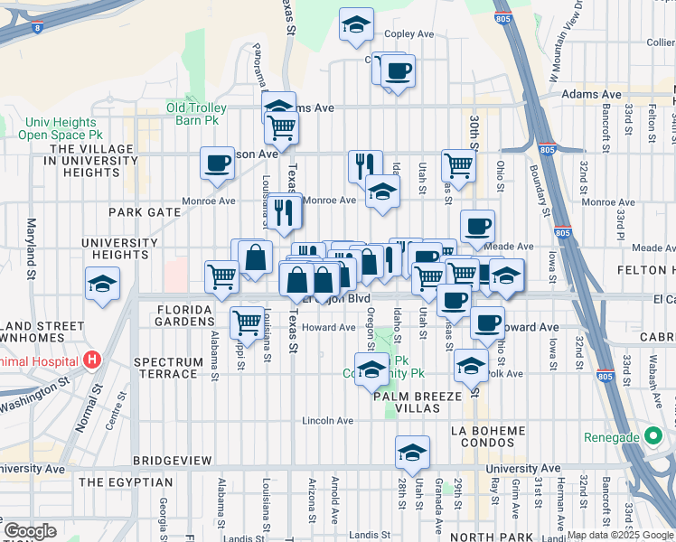 map of restaurants, bars, coffee shops, grocery stores, and more near 4384 Hamilton Street in San Diego