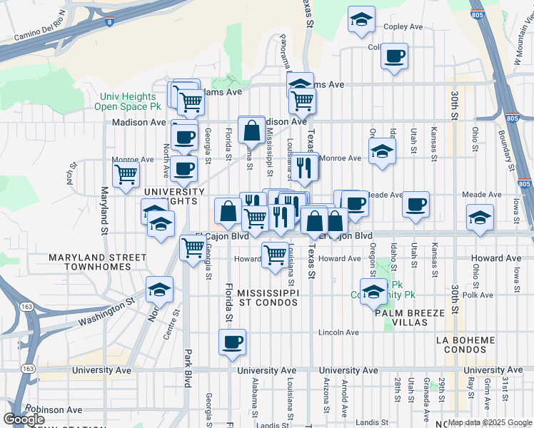 map of restaurants, bars, coffee shops, grocery stores, and more near 4383 Mississippi Street in San Diego