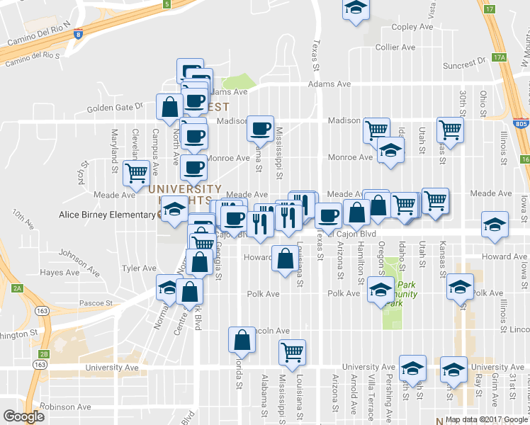 map of restaurants, bars, coffee shops, grocery stores, and more near 4381 1/2 Alabama Street in San Diego