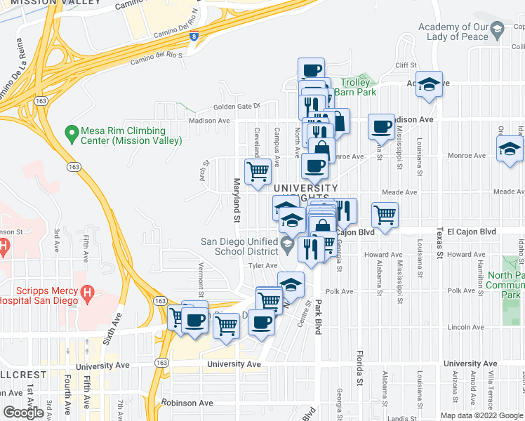 map of restaurants, bars, coffee shops, grocery stores, and more near 4384 Cleveland Avenue in San Diego