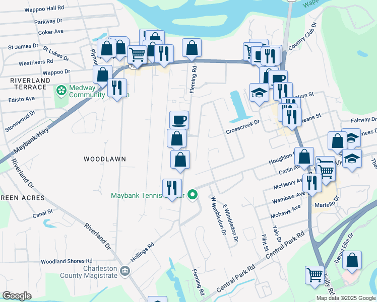 map of restaurants, bars, coffee shops, grocery stores, and more near 359 Fleming Road in Charleston