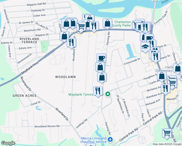 map of restaurants, bars, coffee shops, grocery stores, and more near 301 Stefan Drive in Charleston