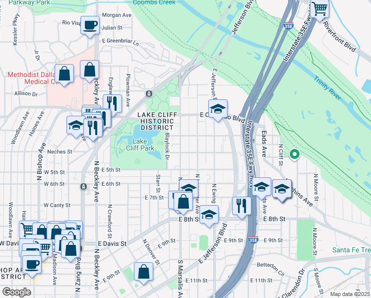 map of restaurants, bars, coffee shops, grocery stores, and more near 727 North Lancaster Avenue in Dallas