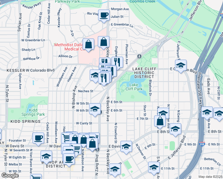 map of restaurants, bars, coffee shops, grocery stores, and more near 1126a North Zang Boulevard in Dallas