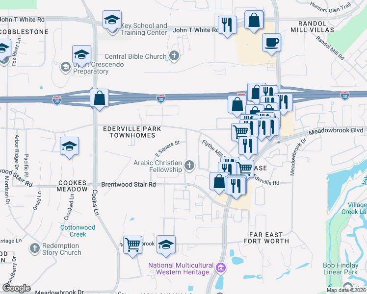 map of restaurants, bars, coffee shops, grocery stores, and more near 1616 East Square Street in Fort Worth