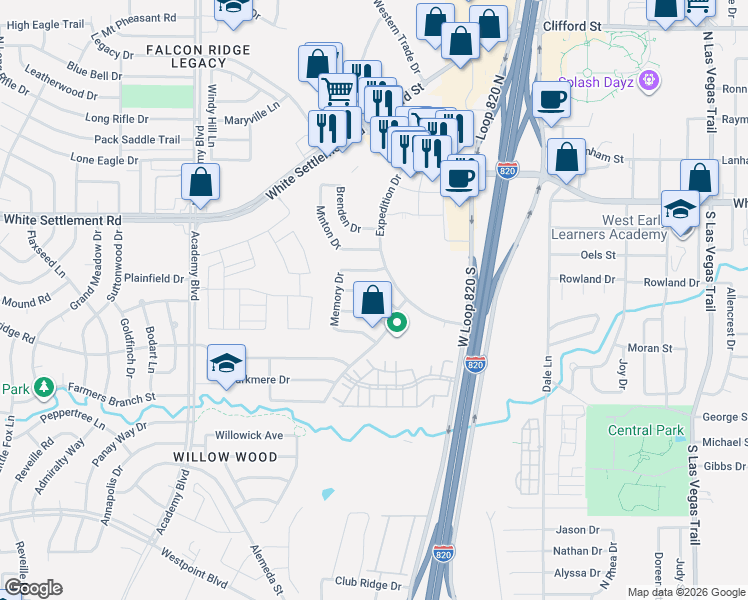 map of restaurants, bars, coffee shops, grocery stores, and more near 9632 Olivia Drive in Fort Worth