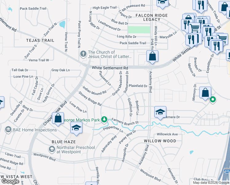 map of restaurants, bars, coffee shops, grocery stores, and more near 216 Grand Meadow Drive in Fort Worth