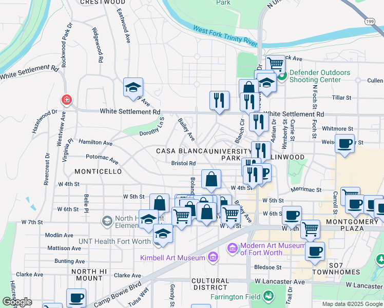 map of restaurants, bars, coffee shops, grocery stores, and more near 254 Jefferson Parkway in Fort Worth