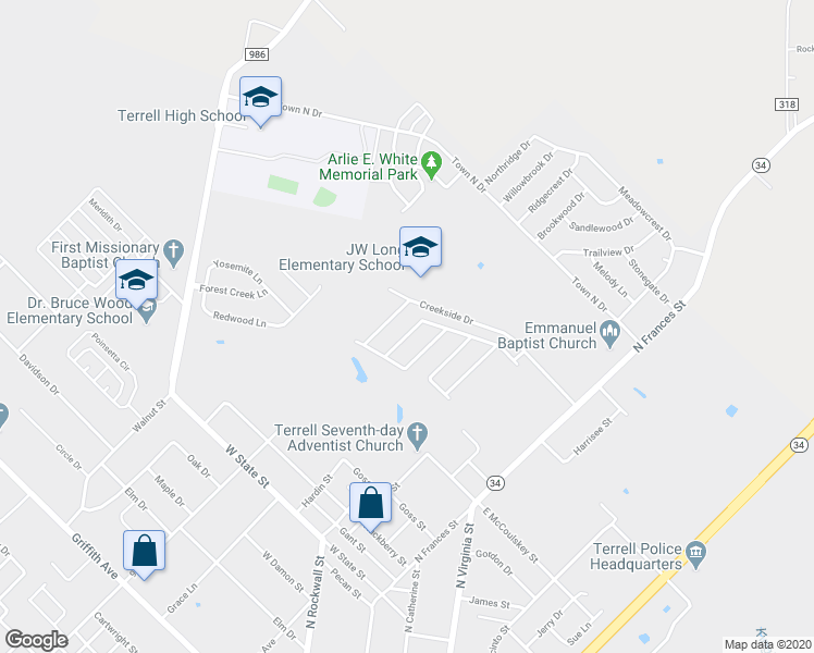 map of restaurants, bars, coffee shops, grocery stores, and more near 144 Brushy Creek Lane in Terrell