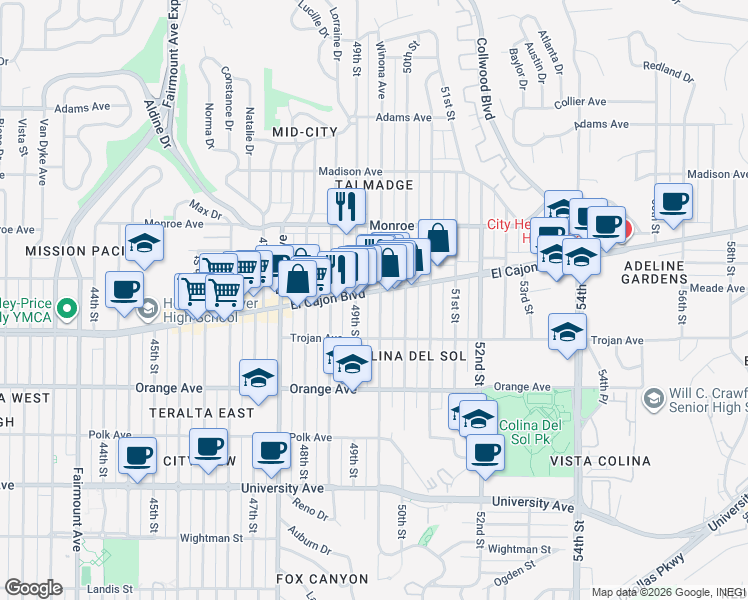 map of restaurants, bars, coffee shops, grocery stores, and more near 4935 El Cajon Boulevard in San Diego