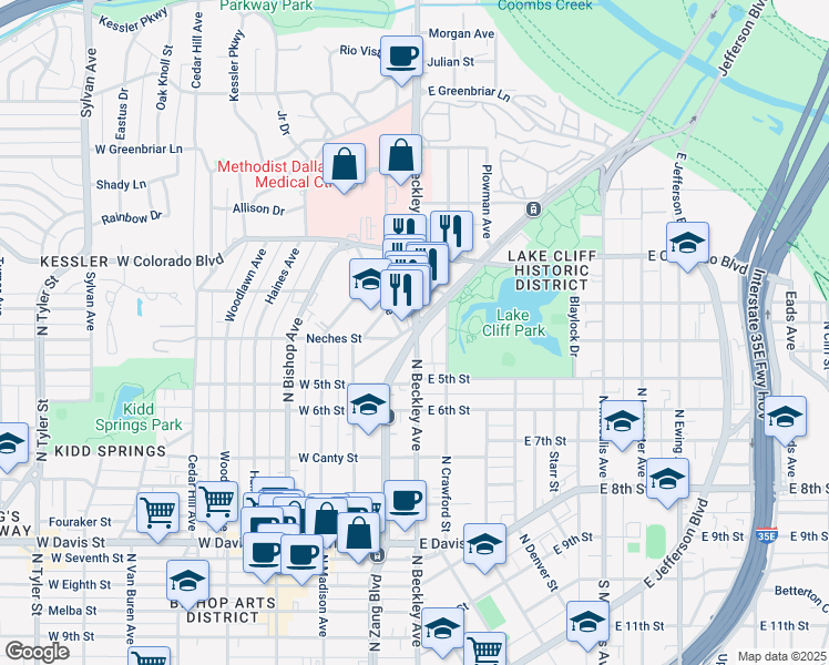 map of restaurants, bars, coffee shops, grocery stores, and more near N Beckley Ave & N Zang Blvd in Dallas