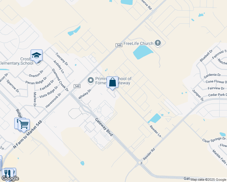 map of restaurants, bars, coffee shops, grocery stores, and more near 1000 Reeder Lane in Forney