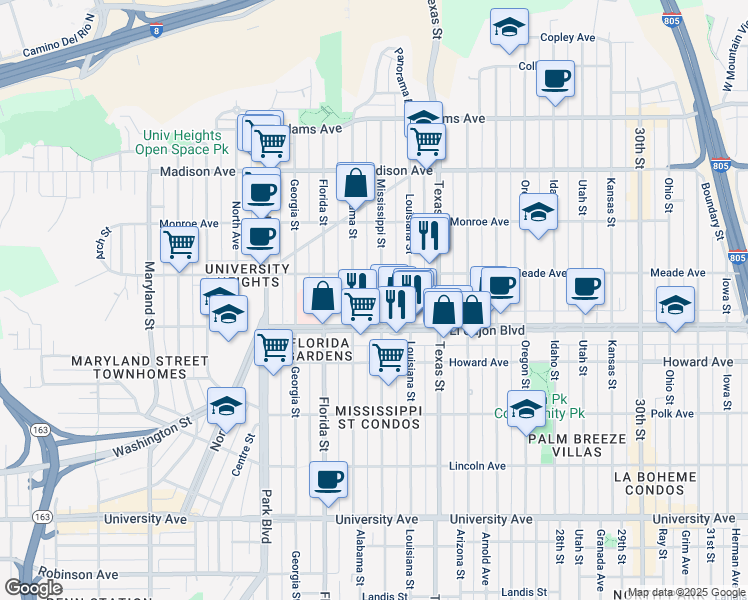map of restaurants, bars, coffee shops, grocery stores, and more near 4346 Mississippi Street in San Diego