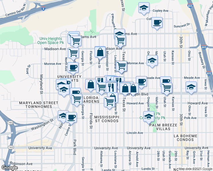 map of restaurants, bars, coffee shops, grocery stores, and more near 4350 Mississippi Street in San Diego