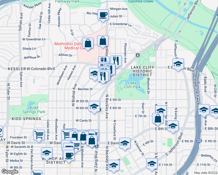 map of restaurants, bars, coffee shops, grocery stores, and more near 1126a North Zang Boulevard in Dallas
