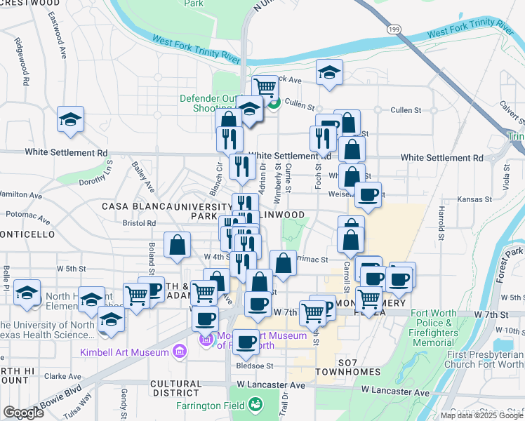 map of restaurants, bars, coffee shops, grocery stores, and more near 217 University Drive in Fort Worth