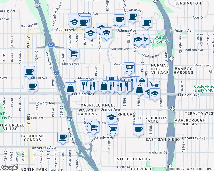 map of restaurants, bars, coffee shops, grocery stores, and more near 3461 Meade Avenue in San Diego