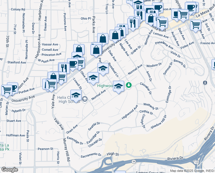 map of restaurants, bars, coffee shops, grocery stores, and more near 4323 Parks Avenue in La Mesa