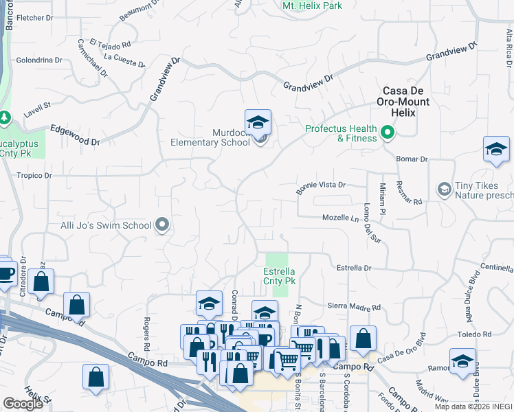 map of restaurants, bars, coffee shops, grocery stores, and more near 9796 Raspberry Ice Lane in La Mesa