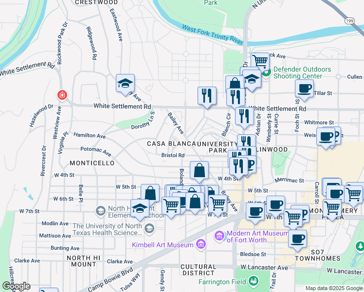 map of restaurants, bars, coffee shops, grocery stores, and more near 3411 Monticello Park Place in Fort Worth