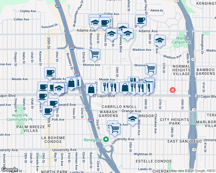 map of restaurants, bars, coffee shops, grocery stores, and more near 4354 Felton Street in San Diego