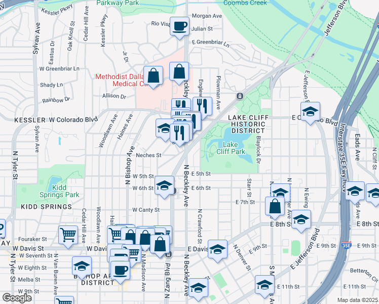 map of restaurants, bars, coffee shops, grocery stores, and more near 1126a North Zang Boulevard in Dallas