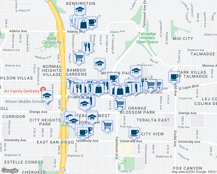 map of restaurants, bars, coffee shops, grocery stores, and more near 4360 43rd Street in San Diego
