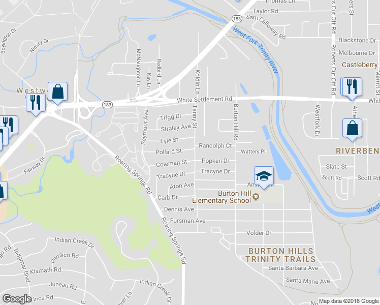 map of restaurants, bars, coffee shops, grocery stores, and more near 5805 Pollard Street in Fort Worth
