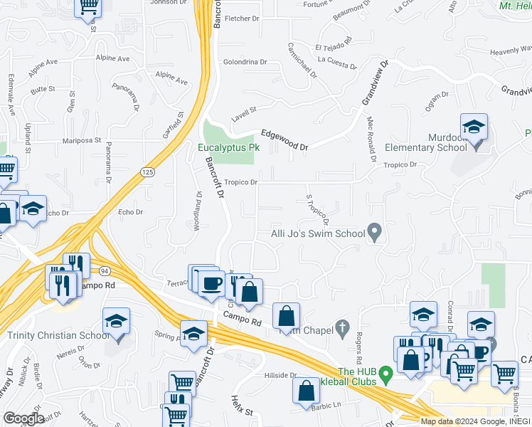 map of restaurants, bars, coffee shops, grocery stores, and more near 9217 Via Colina in La Mesa