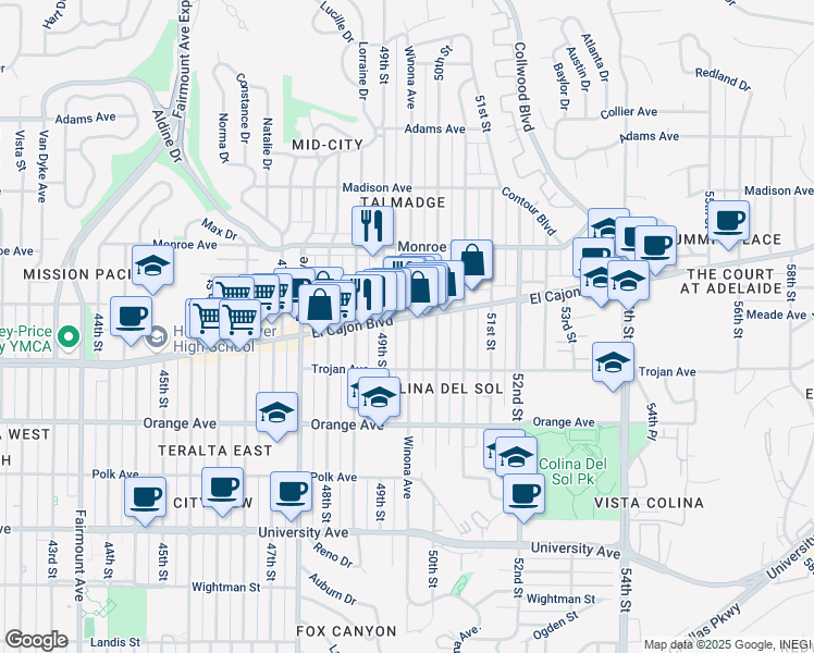 map of restaurants, bars, coffee shops, grocery stores, and more near in San Diego