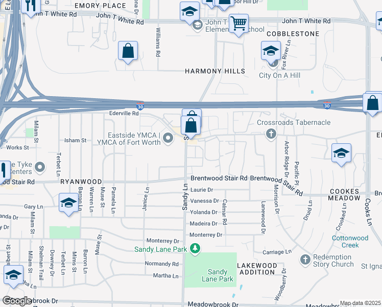 map of restaurants, bars, coffee shops, grocery stores, and more near 1525 Sandy Lane in Fort Worth