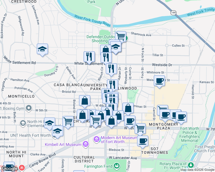 map of restaurants, bars, coffee shops, grocery stores, and more near 3121 Sondra Drive in Fort Worth