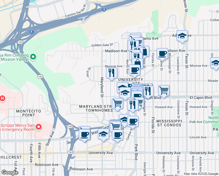 map of restaurants, bars, coffee shops, grocery stores, and more near 4384 Cleveland Avenue in San Diego