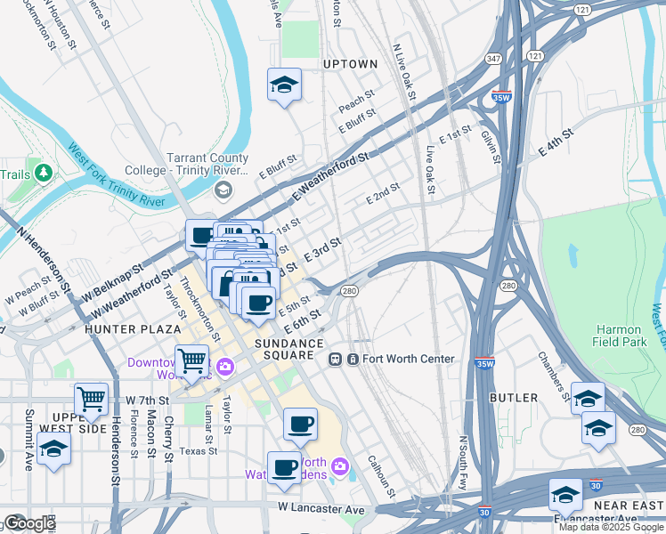 map of restaurants, bars, coffee shops, grocery stores, and more near 615 East 4th Street in Fort Worth