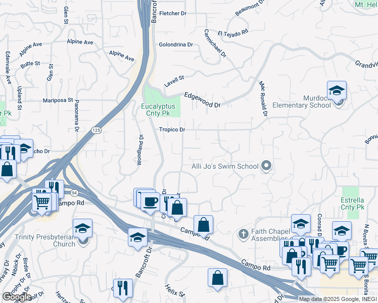 map of restaurants, bars, coffee shops, grocery stores, and more near 9217 Via Colina in La Mesa