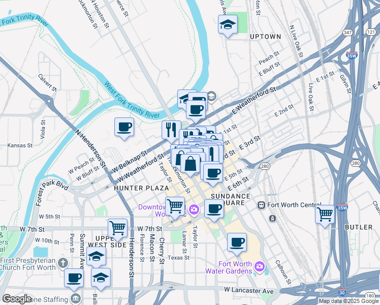map of restaurants, bars, coffee shops, grocery stores, and more near 100 East Weatherford Street in Fort Worth
