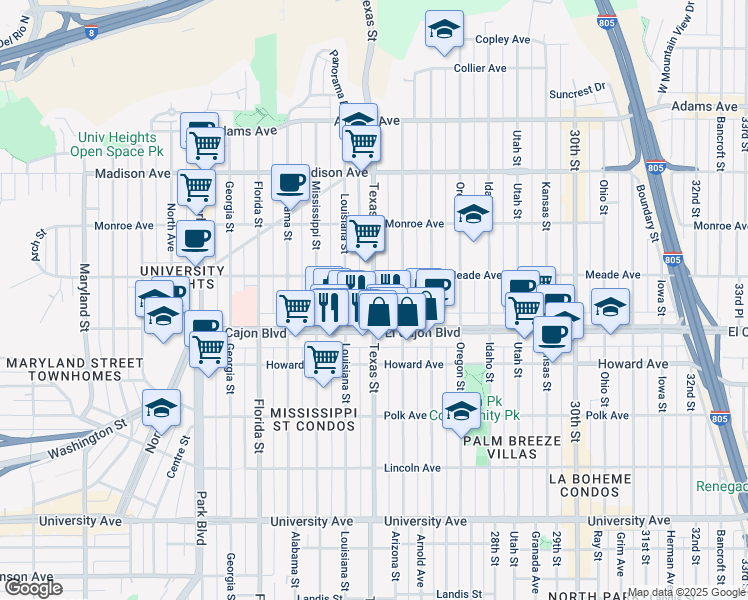 map of restaurants, bars, coffee shops, grocery stores, and more near 4349 Texas St in San Diego