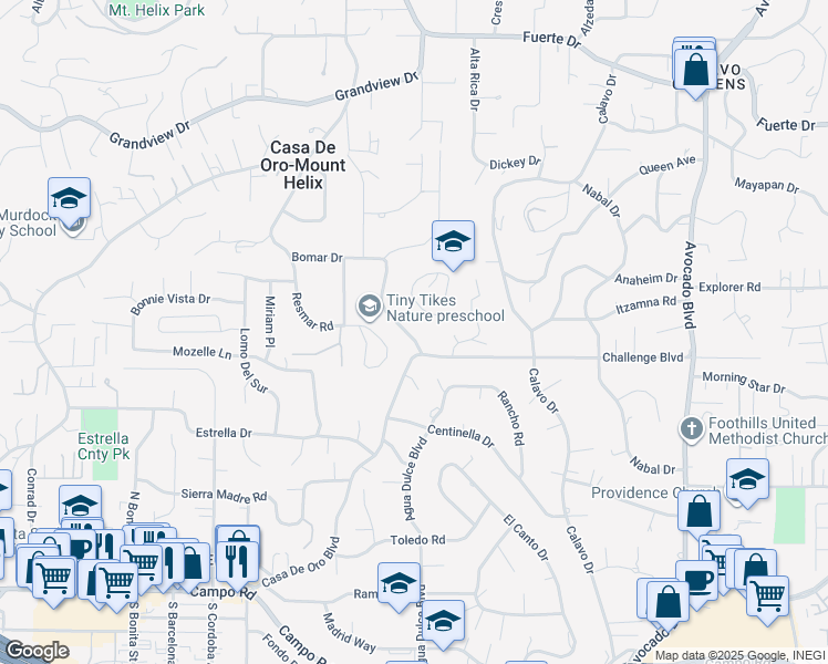 map of restaurants, bars, coffee shops, grocery stores, and more near 4245 Vista Way in La Mesa