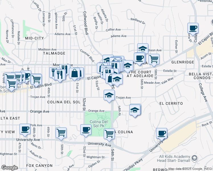 map of restaurants, bars, coffee shops, grocery stores, and more near 5316 Meade Avenue in San Diego