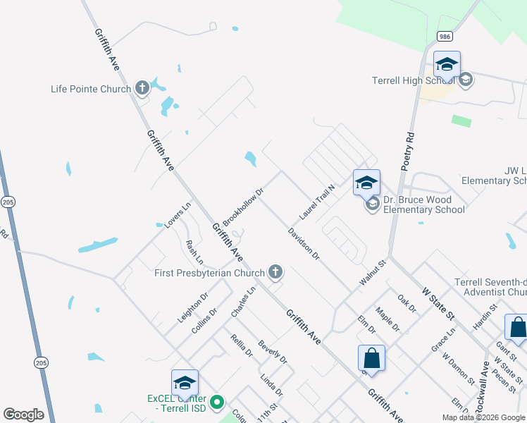map of restaurants, bars, coffee shops, grocery stores, and more near 116 Brookhollow Drive in Terrell