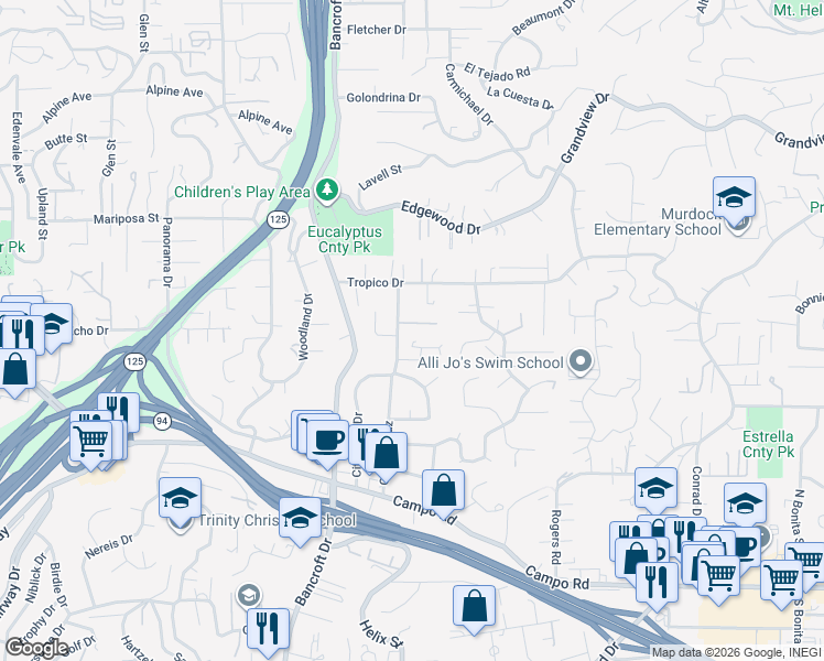 map of restaurants, bars, coffee shops, grocery stores, and more near 9217 Via Colina in La Mesa