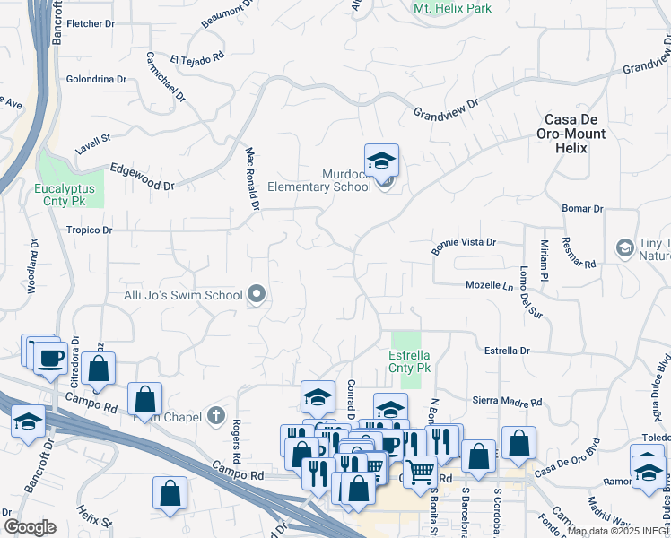 map of restaurants, bars, coffee shops, grocery stores, and more near 9679 Vista Del Sol in Spring Valley