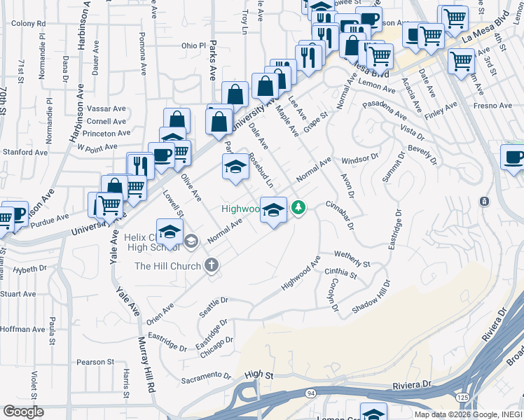 map of restaurants, bars, coffee shops, grocery stores, and more near 4323 Parks Avenue in La Mesa
