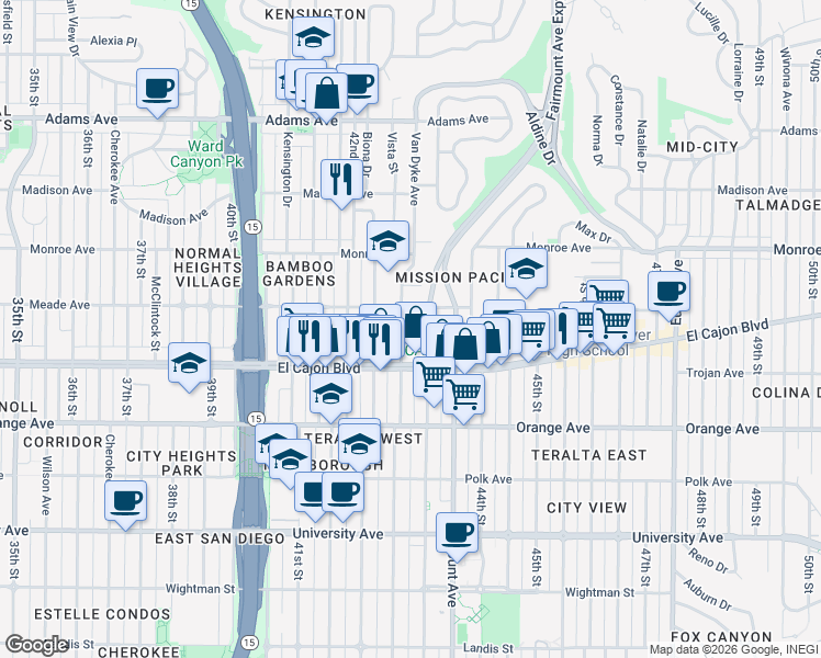 map of restaurants, bars, coffee shops, grocery stores, and more near in San Diego