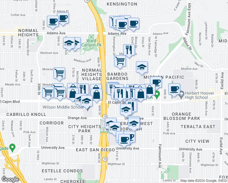 map of restaurants, bars, coffee shops, grocery stores, and more near 4055 Meade Avenue in San Diego