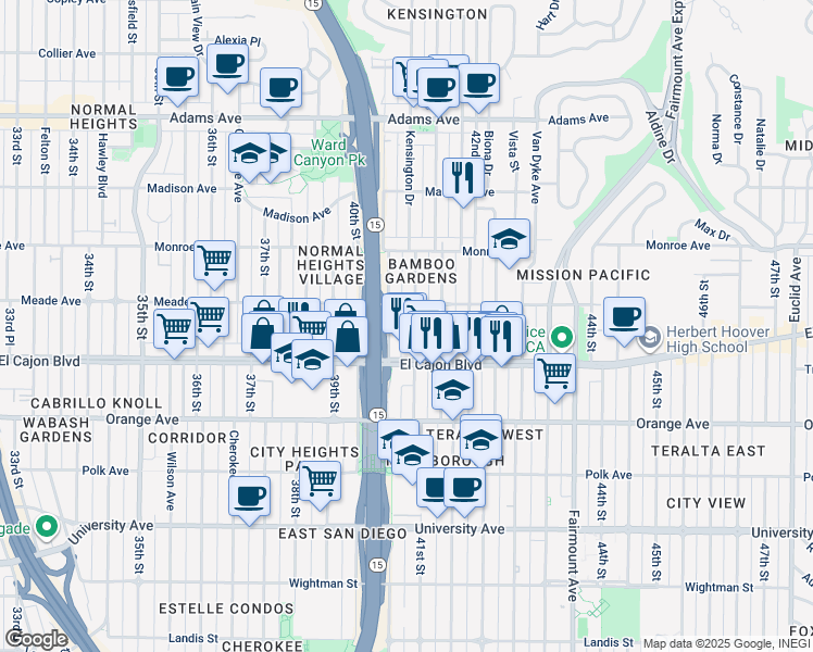 map of restaurants, bars, coffee shops, grocery stores, and more near 4055 Meade Avenue in San Diego