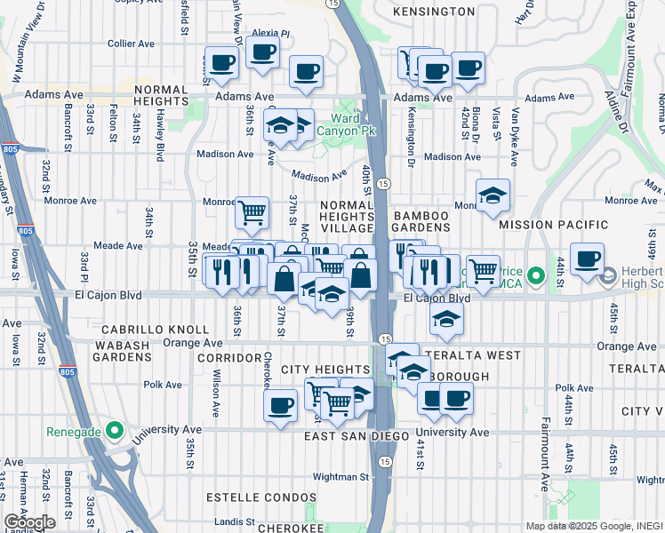 map of restaurants, bars, coffee shops, grocery stores, and more near 3815 Meade Avenue in San Diego